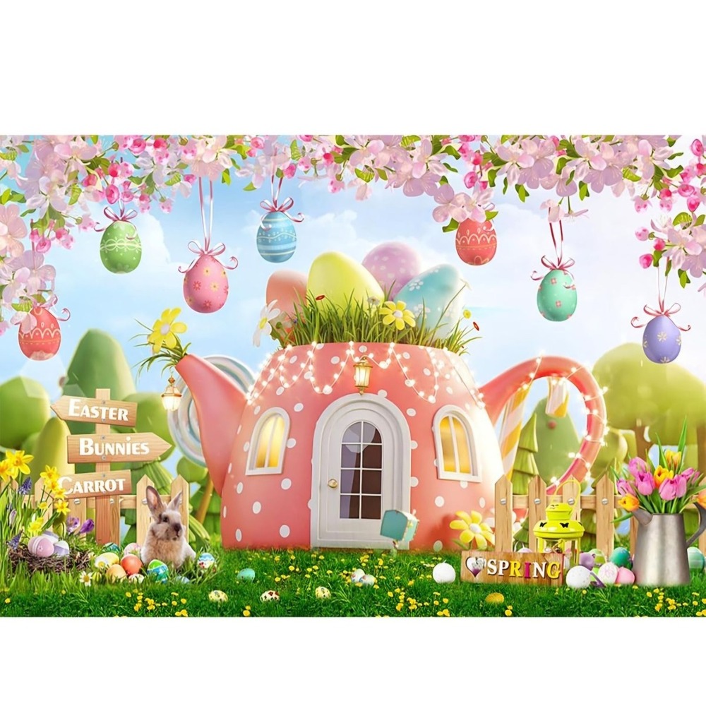 Happy Easter Backdrop Hello Spring Party Decorations Banner Easter Eggs Rabbit